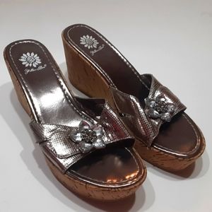Yellow Box Silver Rhinestone Flower Cork Wedge Sandals